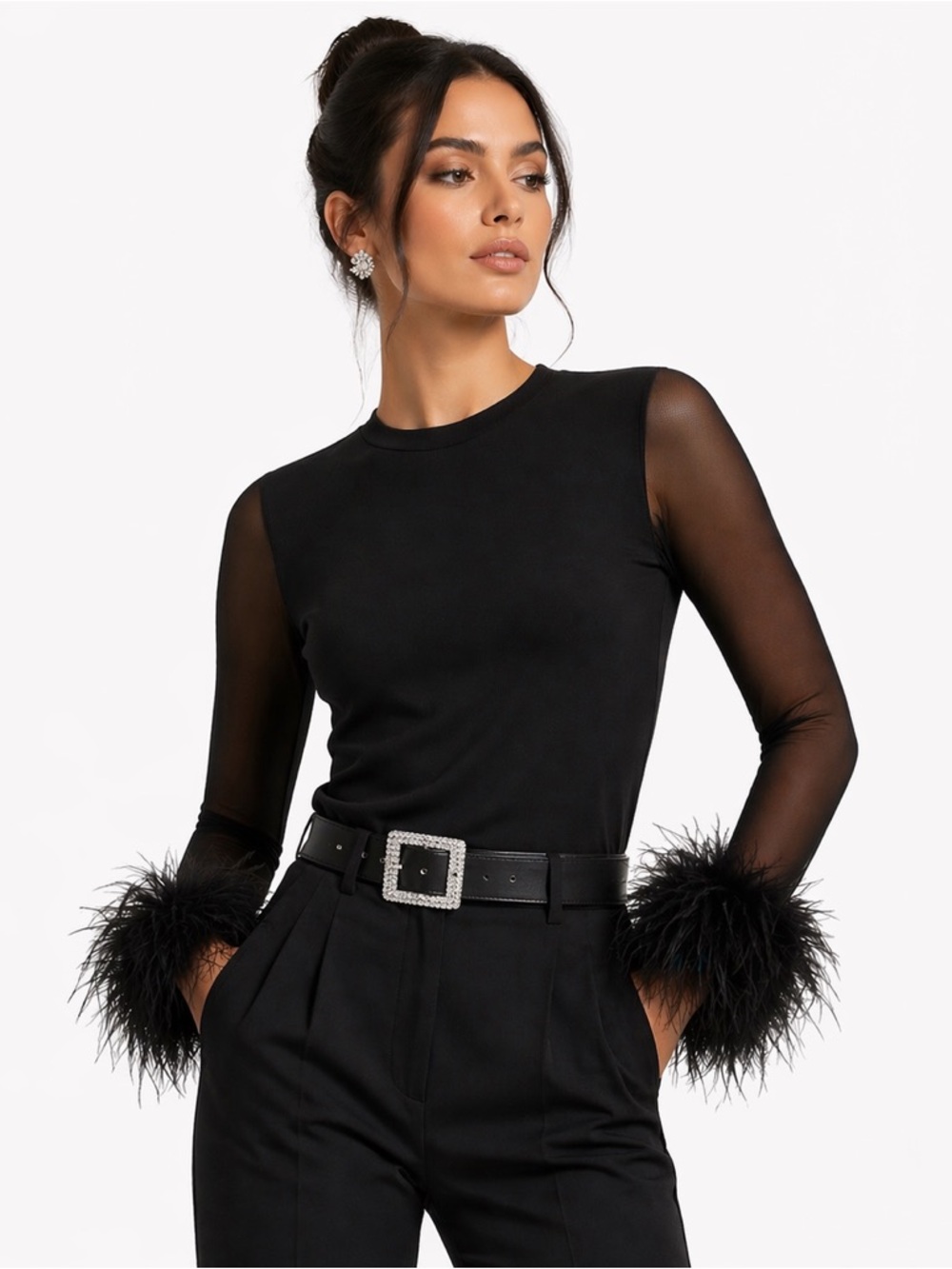 Alice + Olivia Delaina Feather Cuff Mesh Top | Sheer Black Statement Top Size M - Picture 4 of 9